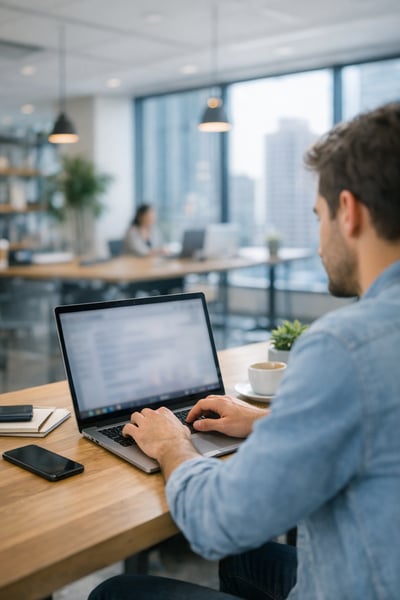 a person writing on a laptop in an open-plan office classy and current bright downtown style cran a little blurred without too much visual clai-1